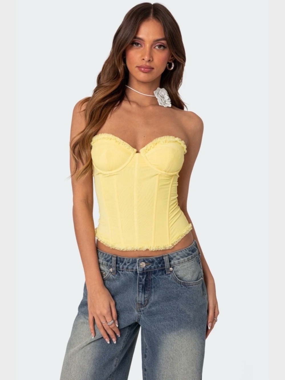 NWOT Edikted Deirdre Mesh Lace Up Corset Yellow